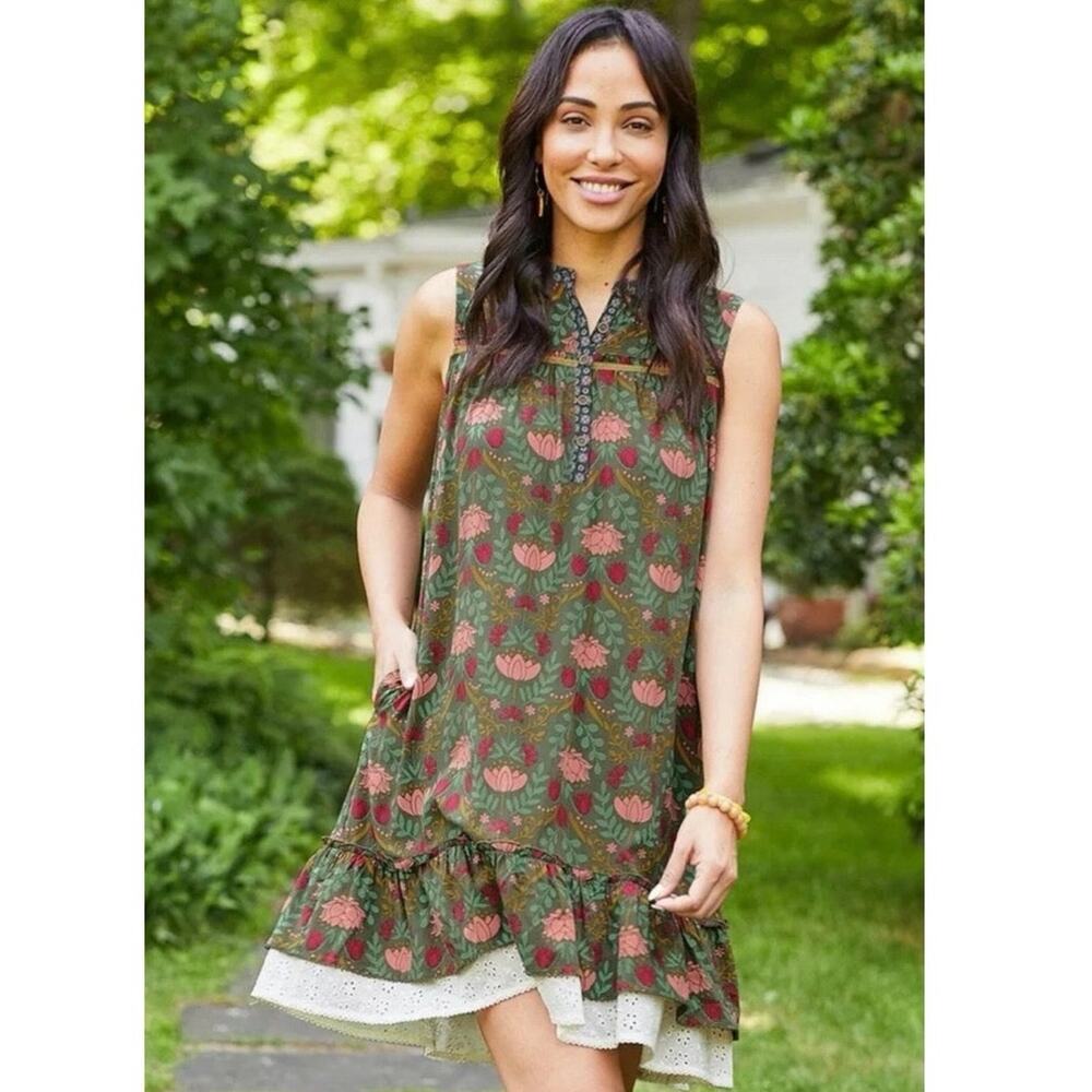 Matilda Jane Women's Boho Breaking Ground Dress XL Green Floral Lace Shabby Chic